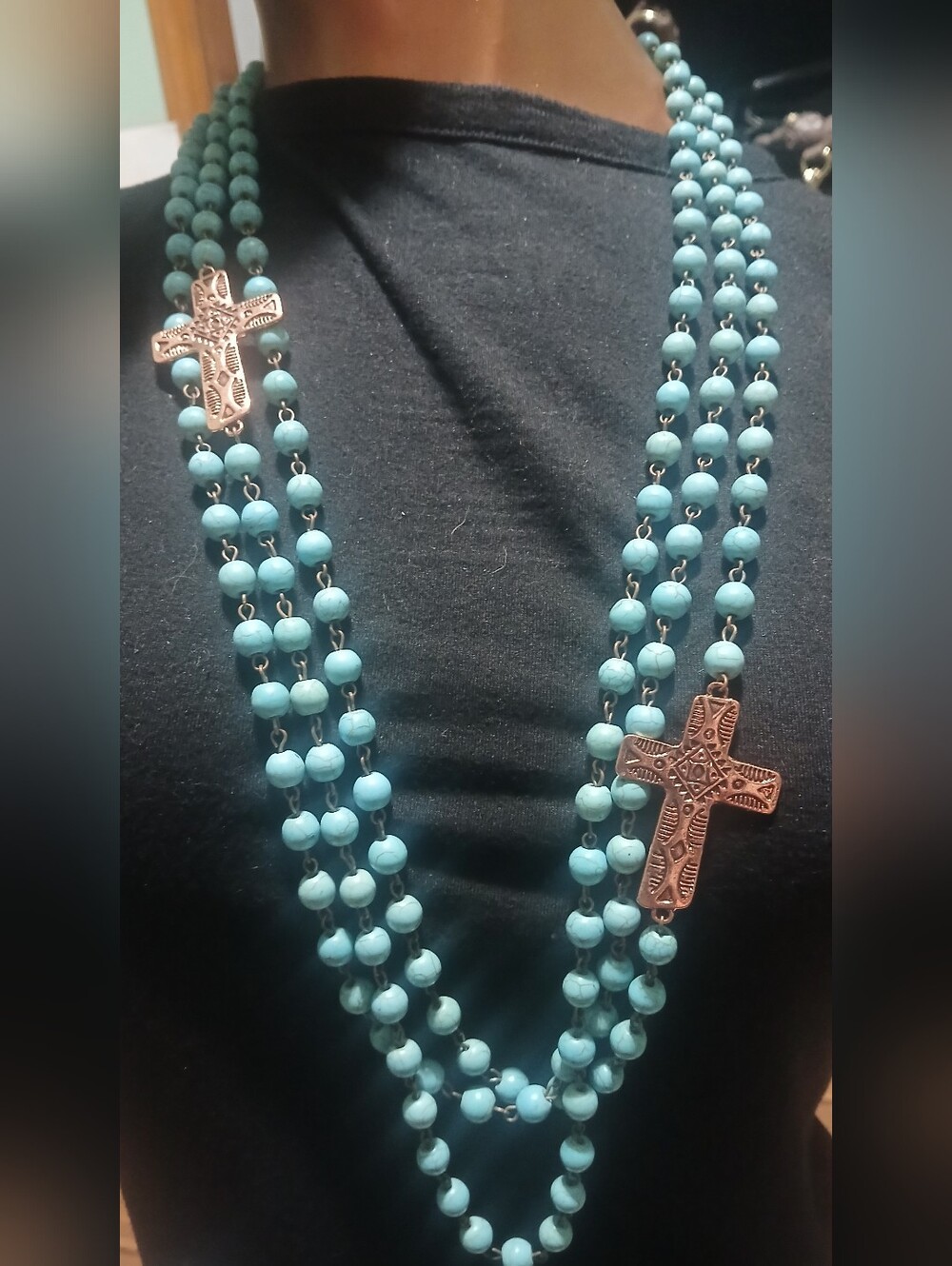 NEW Turquoise Triple-Strand Beaded Necklace with Copper Crosses